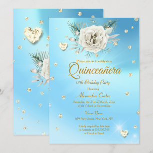 Invitación Quinceanera Blue Gold Purpurina Rosa Floral