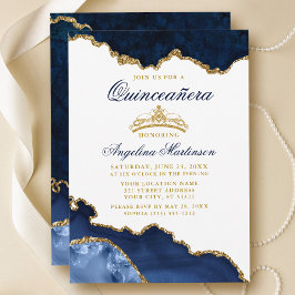 Invitación Quinceanera Blue Marble Gold Crown