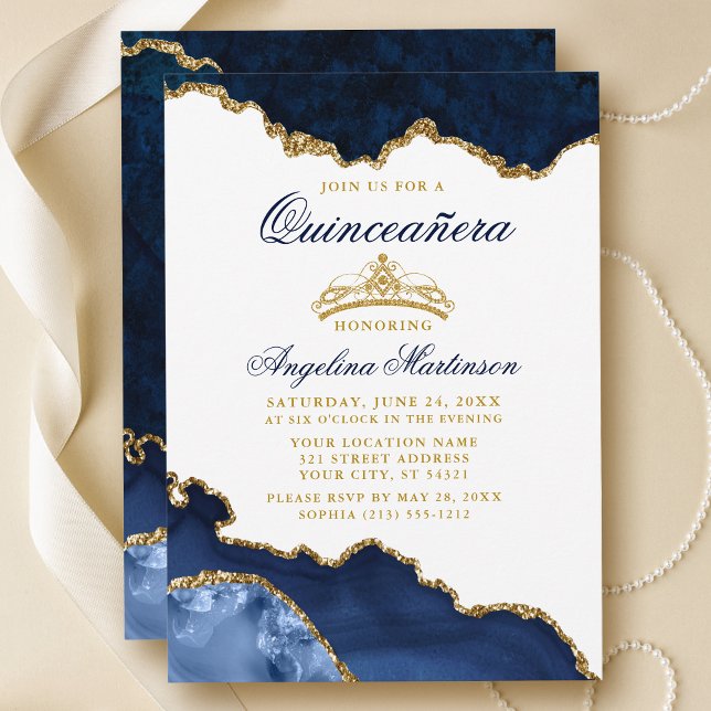 Invitación Quinceanera Blue Marble Gold Crown (Customize to change text size, text color or text style.)
