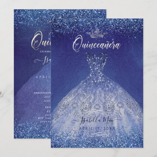 Invitación Quinceanera Blue Ombre Purpurina Gown (Anverso / Reverso)