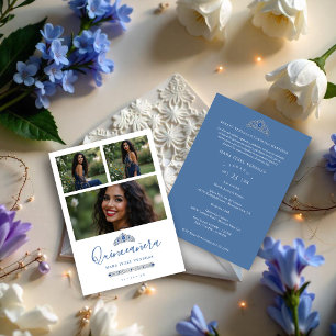 Invitación Quinceañera Blue Princess Tiara 3-Photos Spanish