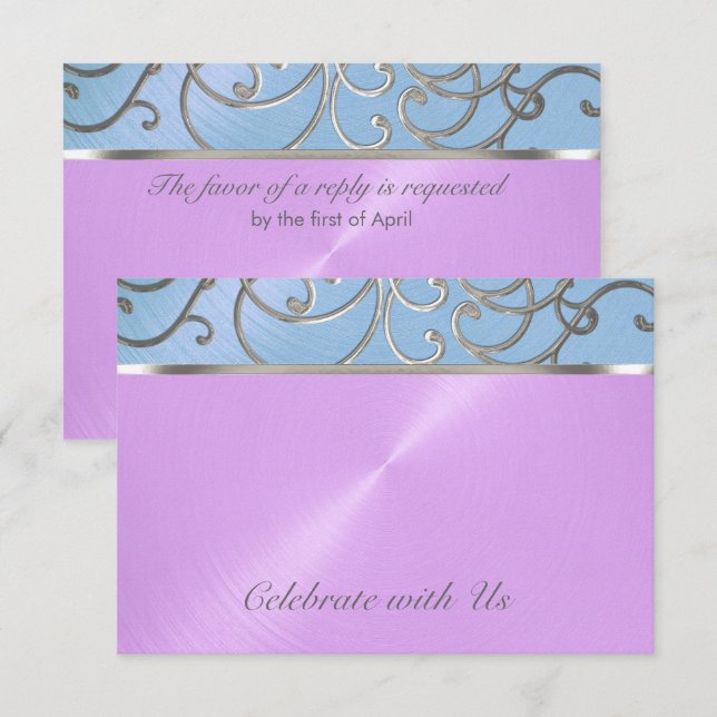 Invitación Quinceanera Blue Purple Silver Filigrree Swirls (Anverso / Reverso)
