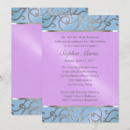 Invitación Quinceanera Blue Purple Silver Filigrree Swirls
