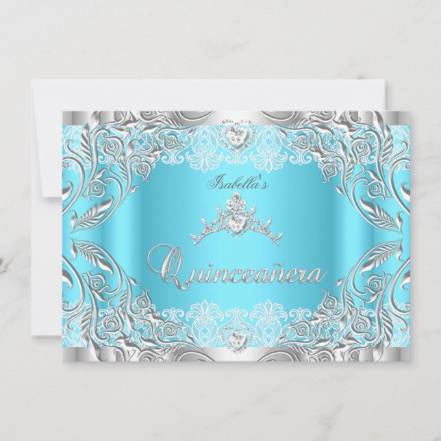 Invitación Quinceanera Blue Silver Diamante Tiara 15 Fiesta 2 (Anverso)
