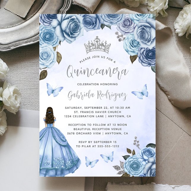 Invitación Quinceañera Blue Silver Floral Watercolor (Subido por el creador)