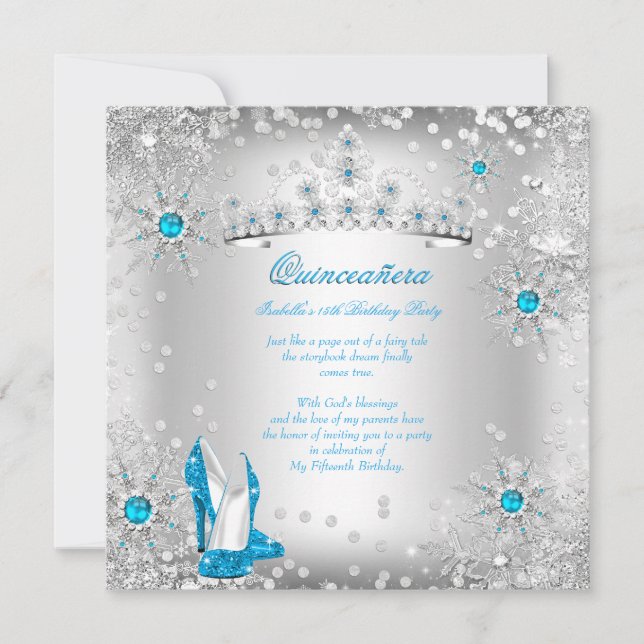 Invitación Quinceanera Blue Silver Winter Wonderland (Anverso)