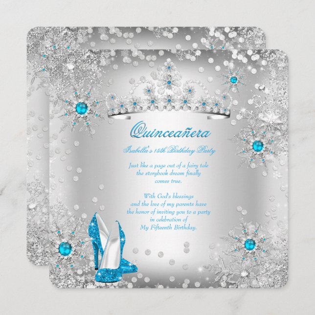 Invitación Quinceanera Blue Silver Winter Wonderland (Anverso / Reverso)