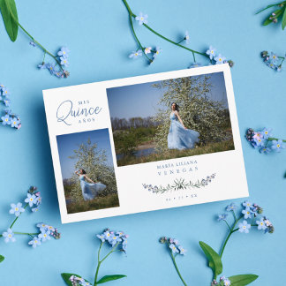 Invitación Quinceañera Blue Trendy Branches Español 2 Fotos