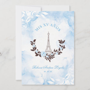 Invitación Quinceañera Blue Watercolor Chic Paris Eiffel