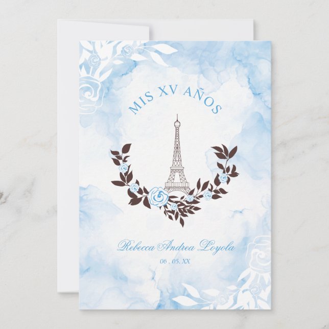 Invitación Quinceañera Blue Watercolor Chic Paris Eiffel (Anverso)