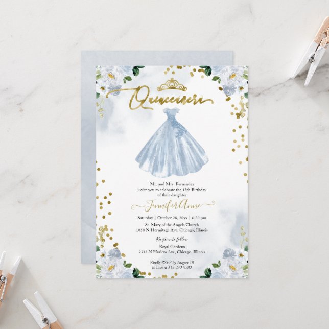Invitación Quinceanera Blue Watercolor Vestido Floral (Anverso/Reverso In Situ)
