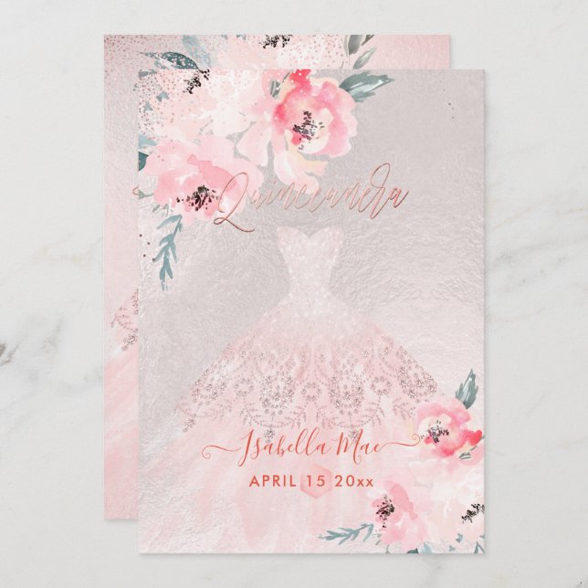 Invitación Quinceanera Blush Peonies+Gown Iridescent Bckgrnd (Anverso / Reverso)