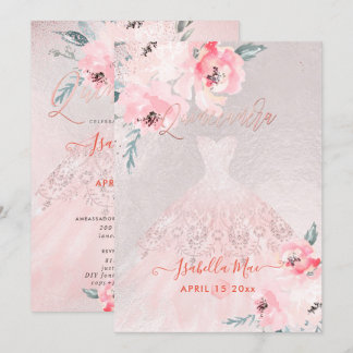 Invitación Quinceanera Blush Peonies+Gown Iridescent Bckgrnd