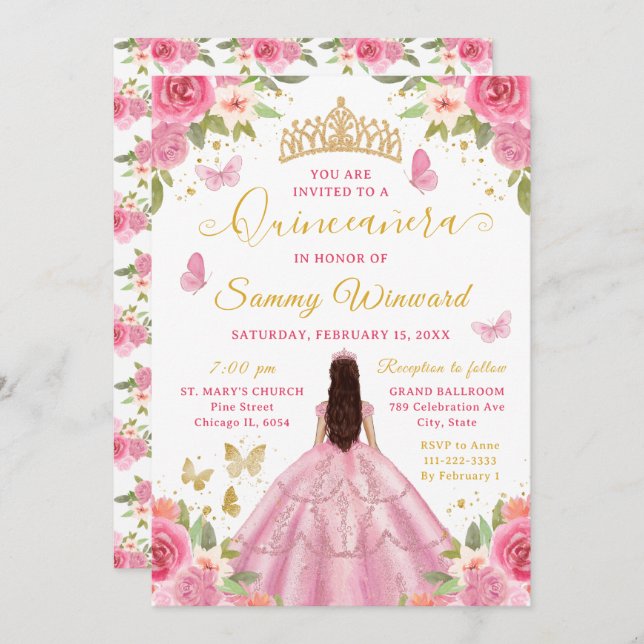 Invitación Quinceañera Blush Pink Princess Brunette Girl (Anverso / Reverso)