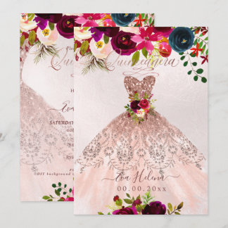 Invitación Quinceañera, Boho Floral Sparkle Gown Rosa Gold