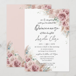Invitación Quinceañera Boho Rubor Dusty Rosa Floral Pampas