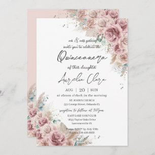 Invitación Quinceañera Boho Rubor Dusty Rosa Floral Pampas