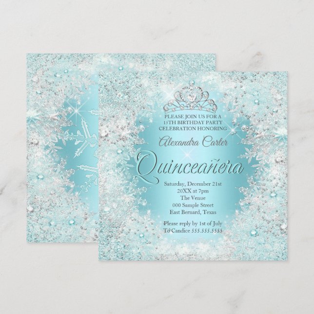Invitación Quinceanera Bonito Plata Azul Verde azulado Copos  (Anverso / Reverso)