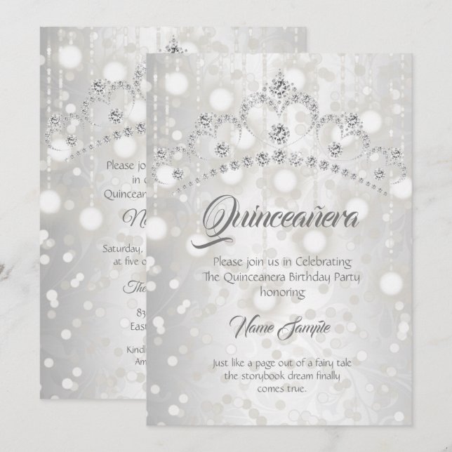 Invitación Quinceanera Bonito Plata Diamante Blanco Tiara (Anverso / Reverso)