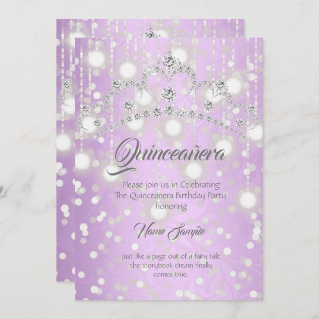 Invitación Quinceanera Bonito Plata Púrpura Diamante Tiara (Anverso / Reverso)