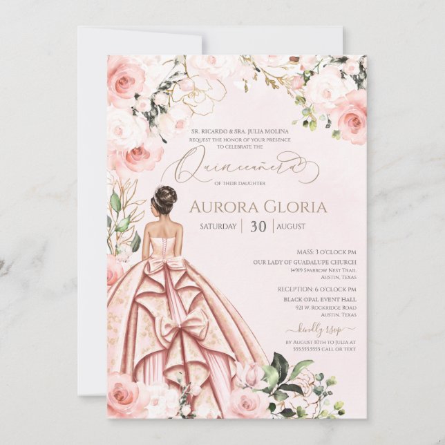 Invitación Quinceanera Bonito Rosa Bella Rosa Rubor 15  (Anverso)