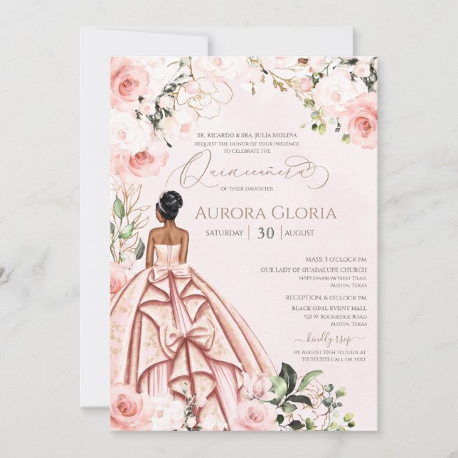 Invitación Quinceanera Bonito Rosa Bella Rosa Rubor 15 (Anverso)