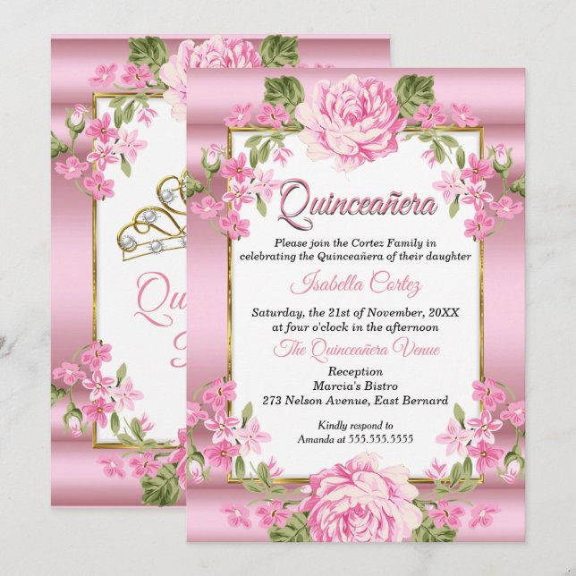 Invitación Quinceanera Bonito Rosa País Floral Oro (Anverso / Reverso)