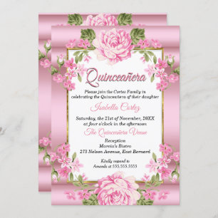 Invitación Quinceanera Bonito Rosa País Floral Oro
