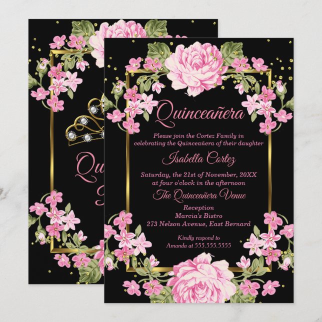 Invitación Quinceanera Bonito Rosa País Floral Oro Negro (Anverso / Reverso)