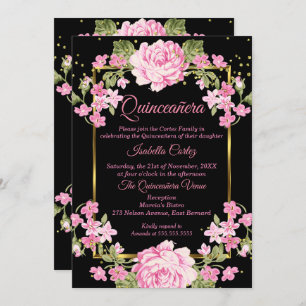 Invitación Quinceanera Bonito Rosa País Floral Oro Negro