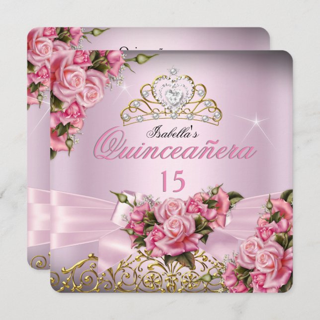 Invitación Quinceanera Bonito Rosa Tiara 15º cumpleaños (Anverso / Reverso)