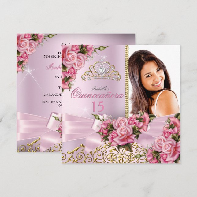 Invitación Quinceanera Bonito rosas rosas rosadas Tiara Foto  (Anverso / Reverso)