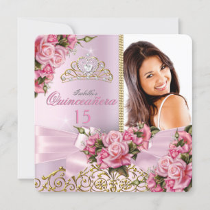 Invitación Quinceanera Bonito rosas rosas rosadas Tiara Foto