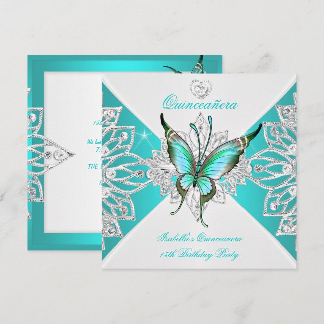 Invitación Quinceanera Bonito Verde azulada mariposa azul Tia (Anverso / Reverso)
