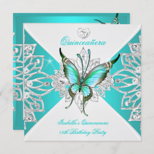 Invitación Quinceanera Bonito Verde azulada mariposa azul Tia