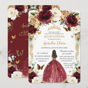 Invitación Quinceañera Borgoña Dorado Blanco Chica Floral
