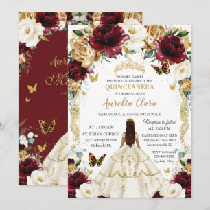 Invitación Quinceañera Borgoña Dorado Chica Floral