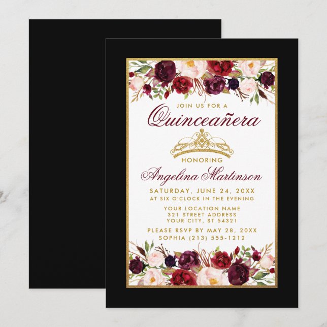 Invitación Quinceanera Borgoña Floral Crown Gold Black (Anverso / Reverso)