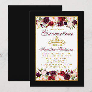 Invitación Quinceanera Borgoña Floral Crown Gold Black