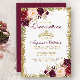 Invitación Quinceanera Borgoña Floral Crown Invite B
