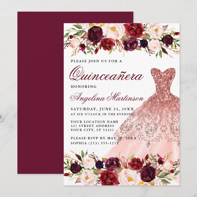 Invitación Quinceanera Borgoña Floral Vestido Purpurina Rosa (Anverso / Reverso)