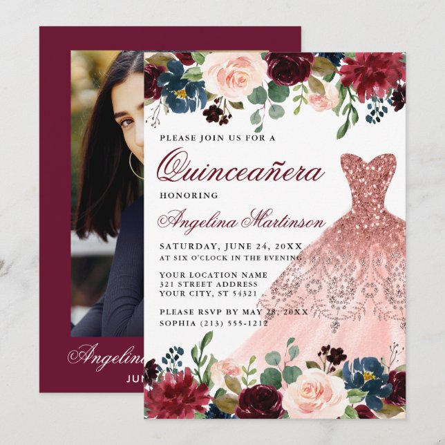 Invitación Quinceanera Borgoña Foto Floral Vestido trasero (Anverso / Reverso)