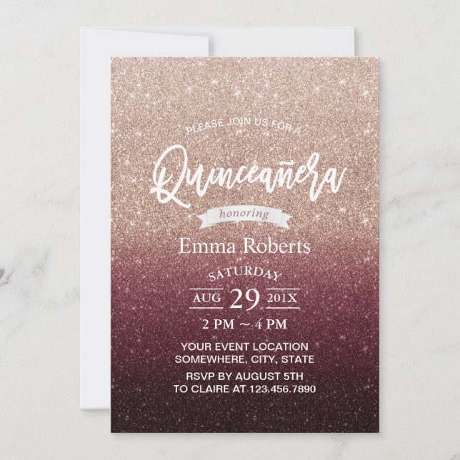 Invitación Quinceanera Borgoña moderna y oro Rosa (Anverso)