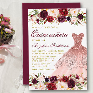 Invitación Quinceanera Borgoña Purpurina floral vestido oro