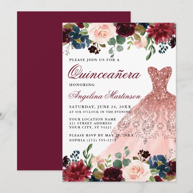 Invitación Quinceanera Borgoña Purpurina Floral Vestido rosa (Anverso / Reverso)