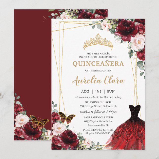 Invitación Quinceañera Borgoña Ropa floral rosa (Anverso / Reverso)