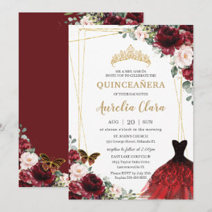Invitación Quinceañera Borgoña Ropa floral rosa