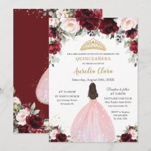 Invitación Quinceañera Borgoña Rubor Floral Cruz de la ropa r