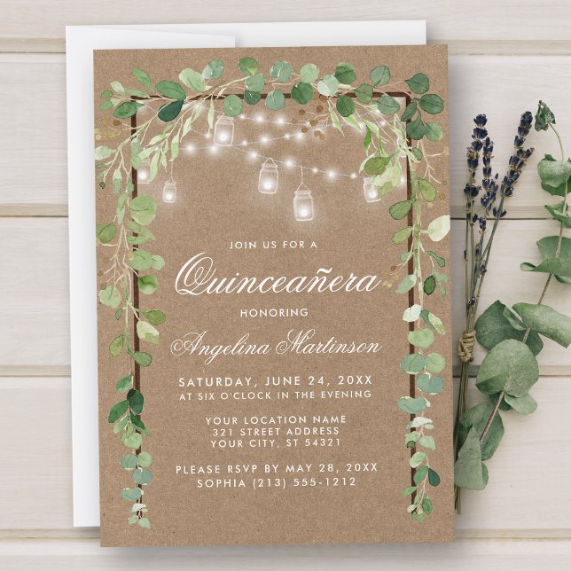 Invitación Quinceanera Botanera Green Wood Frame Kraft (Customize to add more text or photos to back of card.)