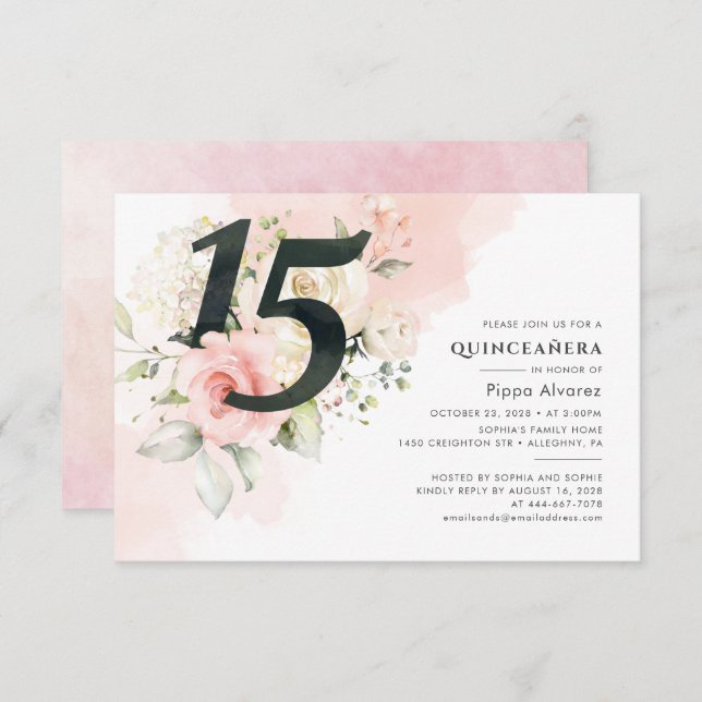 Invitación Quinceanera Botánica de 15 Años Floral Rosa (Anverso / Reverso)